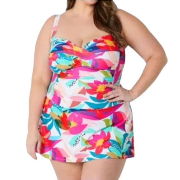 NWT Liz Claiborne Electric Floral Swim Dress Swimsuit Size 24W Full Coverage - Picture 1 of 13